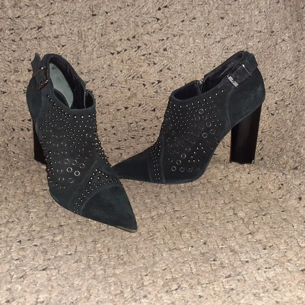 BARBARA BUI-Paris-Studded/Grommets Black Suede Ankle Boots-Zip-Sz 38-Excellent